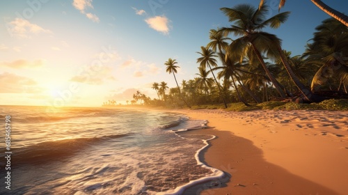 Sunset on the beach. Tropical paradise, sand, beach, palm trees and clear water.