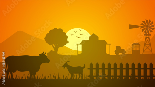Farmland silhouette landscape vector illustration. Scenery of livestock and windmill in the countryside farm. Rural panorama for illustration, background or wallpaper