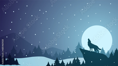 Wildlife wolf landscape vector illustration. Scenery of wolf howling silhouette in the pine forest. Wolf wildlife panorama for illustration, background or wallpaper