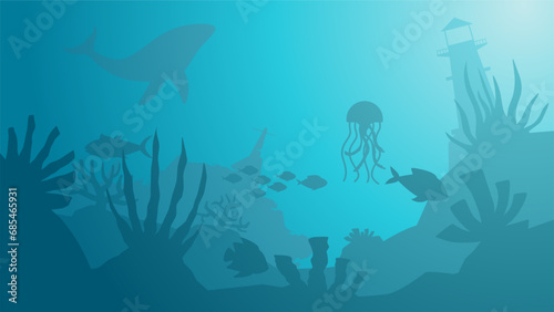 Seascape vector illustration. Scenery of sunken lighthouse and shipwreck at the bottom of the sea. Underwater panorama for illustration, background or wallpaper © Moleng