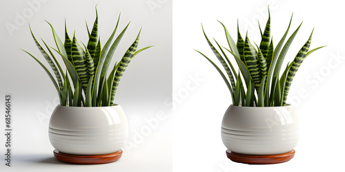 Cute and Stylish 3D Snake Plant or Sansevieria in Pot for Trendy Interior Decor. Realistic Green Succulent on a White Background, Minimalistic Botanical Ornament for Modern Home decoration. photo