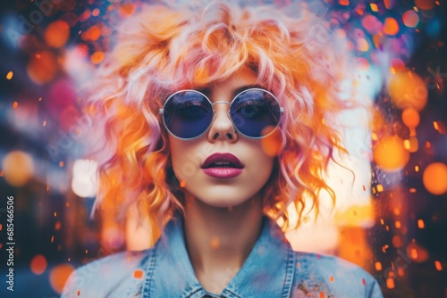 A Stylish Woman with Pink Hair Wearing Round Sunglasses and a Denim Shirt. A woman wearing sunglasses and a denim shirt