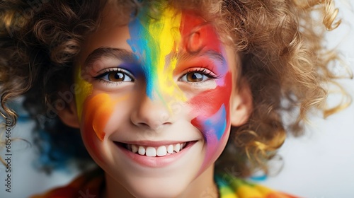 A child's face painted in rainbow hues 