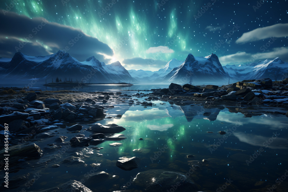 northern lights in the sky, polar cold landscape.