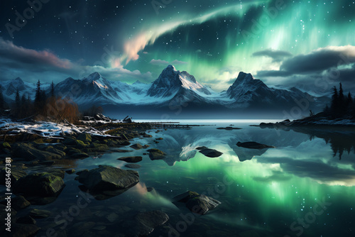 northern lights in the sky, polar cold landscape.