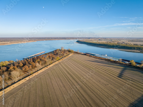 confluence of the Mississippi and Ohio Rivers below Cairo, IL with Fort Defiance State Park anad farmland, November aerial view