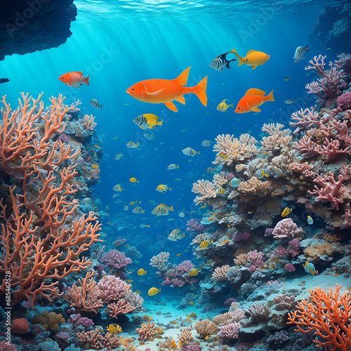 coral reef with fishes of gold colour under sea