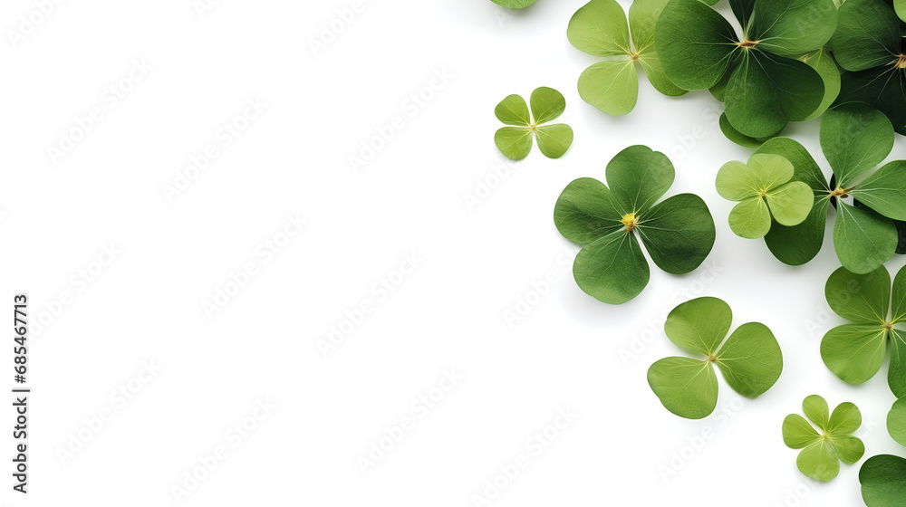 Bright green clover leaves on a white background. St. Patrick's Day. Bright green clover leaves on a white background. St. Patrick's Day.