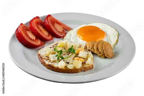 Fried eggs with vegetables. American Breakfast is isolated on a transparent background. Generative AI