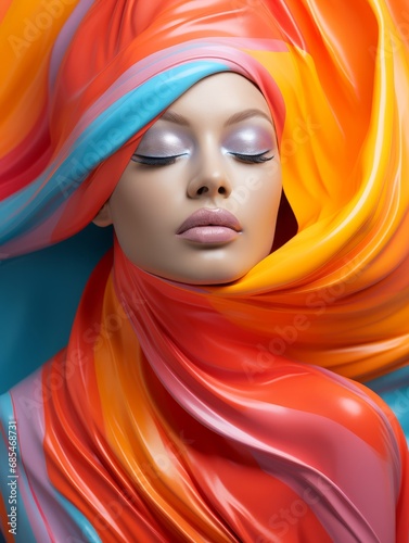 Colourful Scarf-Wearing Woman in a Vibrant Headwrap. A woman with a colourful scarf twisted around her head and body.