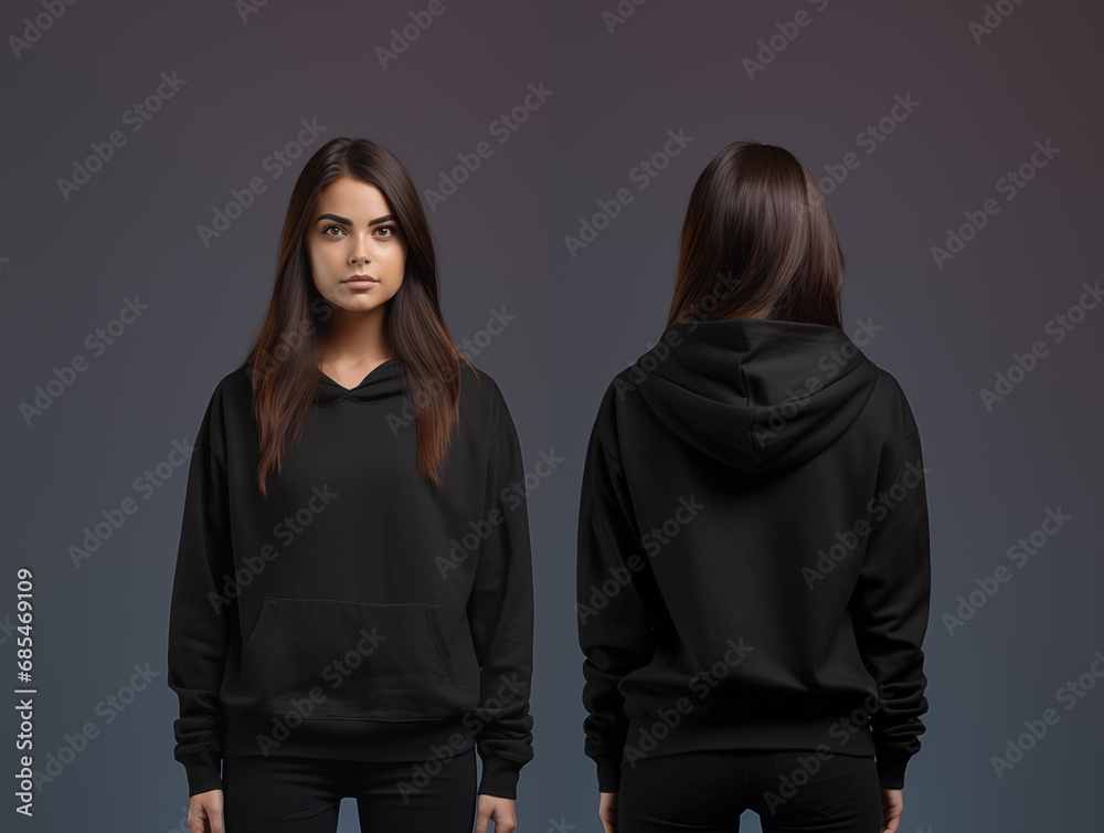 Front and back view of a female black hoodie mockup for design print Front and back view of a female black hoodie mockup for design print