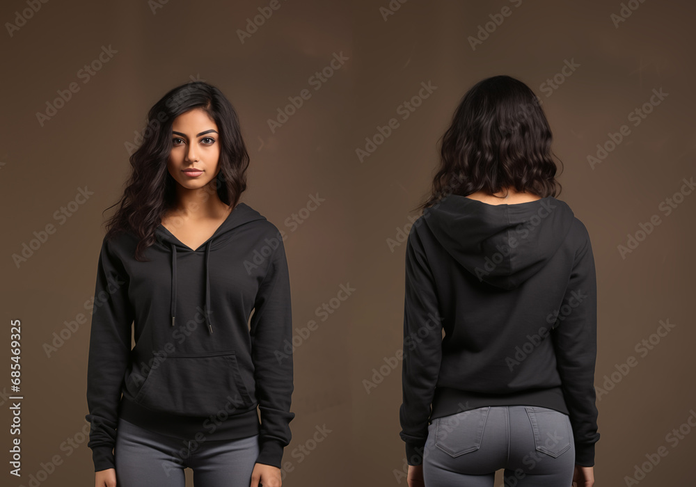 Front and back view of a female black hoodie mockup for design print Front and back view of a female black hoodie mockup for design print