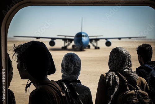 Crowd of people near the plane. Illegal and legal immigration and emigration concept. Global migration. Emigrants and refugees.  photo