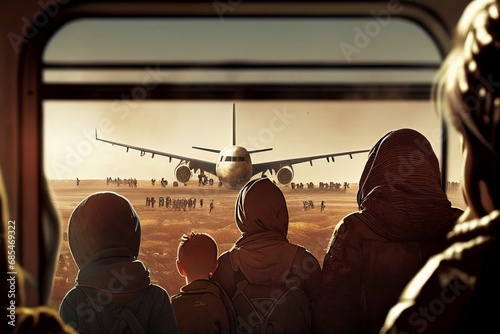 Crowd of people near the plane. Illegal and legal immigration and emigration concept. Global migration. Emigrants and refugees.  photo