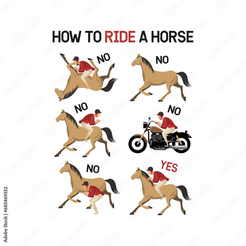 How To Ride A Horse, Funny Horse Design For Kids T-Shirt And Other Merchandise, Cartoon Horse Vector Illustration