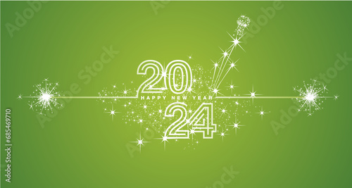 Happy New Year 2024 event white triple line design loading sparkle firework champagne open white lucky green vector wallpaper greeting card