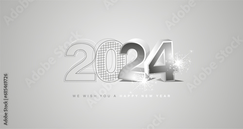 We wish you a happy new year 2024. Architecture construction from line drawing to 3d model numbers of 2024 with sparkle firework on silver grey board background