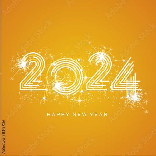 2024 New Year abstract white orange yellow multiply line design of 2024 year numbers shining glitter sparkle firework orange background greeting card