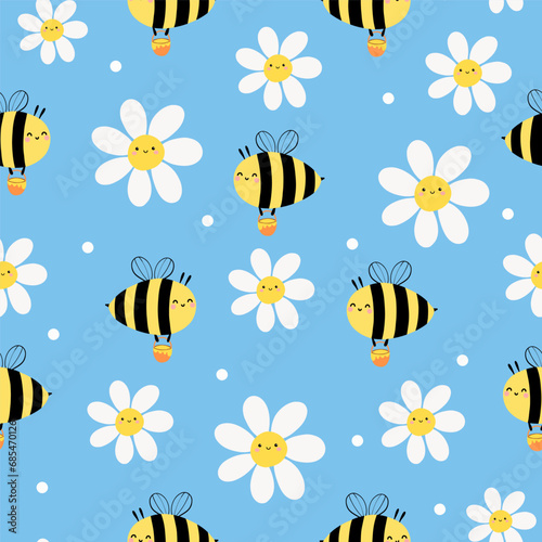Seamless pattern with cute bee, daisy floral on light blue background for your fabric, children textile, apparel, nursery decoration, gift wrap paper, kids bedding. Vector illustration © jintana