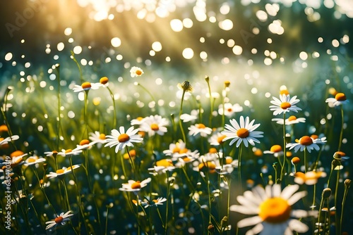 A Beautiful natural landscape in abstraction flower bokeh with daisies