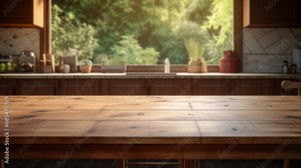 Empty wooden table with kitchen in background, copy space, 16:9