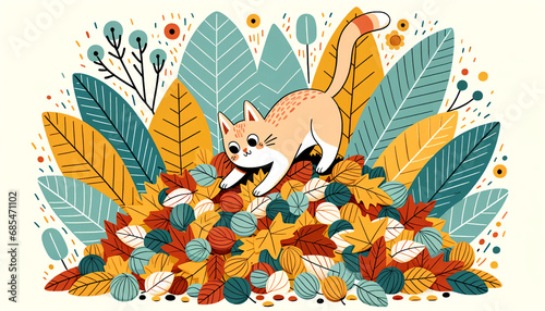 Vibrant illustration with adorable orange tabby cat playing with autimn leafs in yard. Design for kids, cards, background. Cute and funny, cartoonish