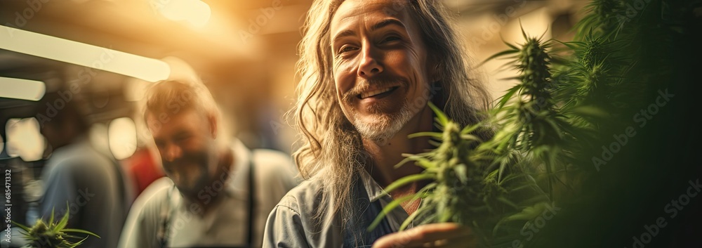 a senior doctor holds up a medicinal cannabis plant.. 