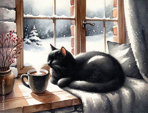 Watercolor illustration with adorable black cat sleeping near window with hot coffe cup. Winter, snow. Design for kids, cards, background. Cute and calm