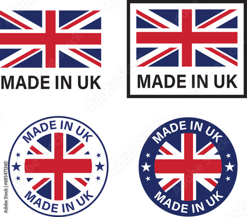 Set of Made in UK seal, product tag label sign. Made In UK stamp sticker. flat style.