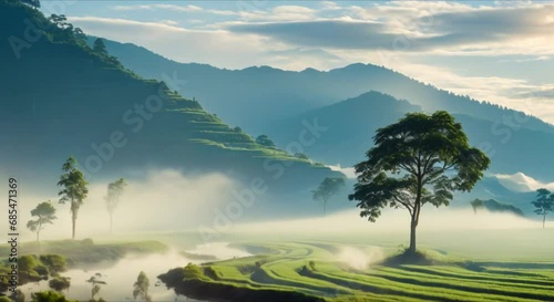 beautiful view of the rice fields at the foot of the mountain footage photo