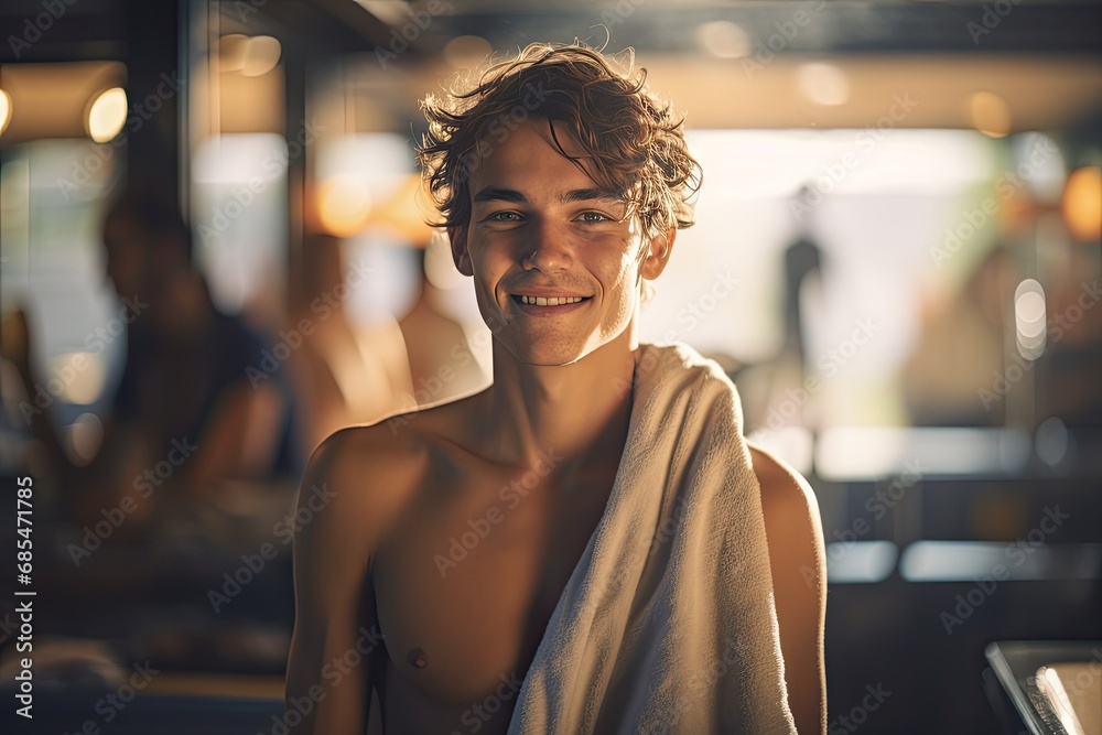 Refreshed young man using a bath towel after a shower, Refreshed young man using a bath towel after a shower,
