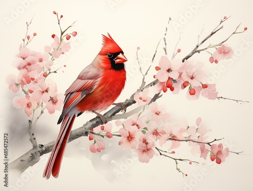 cardinal bird on the flower stalk watercolor painting for wall art background wallpaper © fledermausstudio