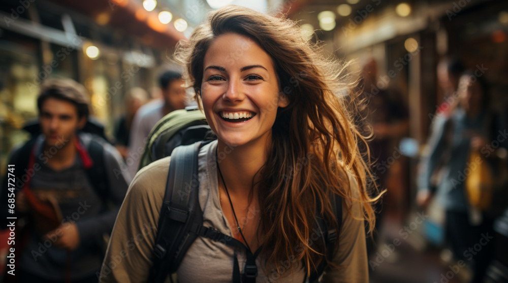 Happy American female world travelers travel around the world wearing backpacks, looking straight ahead and shouting with joy.
Generative AI