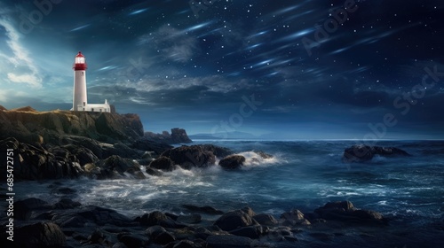 Embark on a Journey Under the Stars: A Dreamlike Exploration of a Starlit Seascape with a Lone Lighthouse Guiding the Way