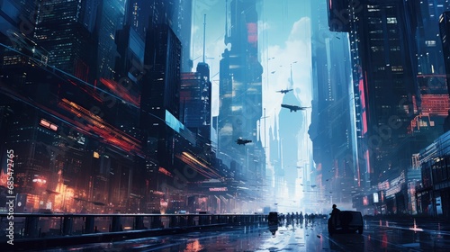 Neon Dreams: A Glimpse into the Dazzling Futuristic Cityscape of a Cyberpunk Metropolis © hisilly