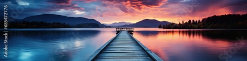 panorama landscape of endless pier during sunset over alake
