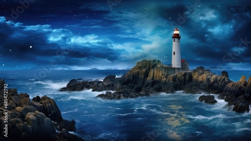 Embark on a Journey Under the Stars  A Dreamlike Exploration of a Starlit Seascape with a Lone Lighthouse Guiding the Way