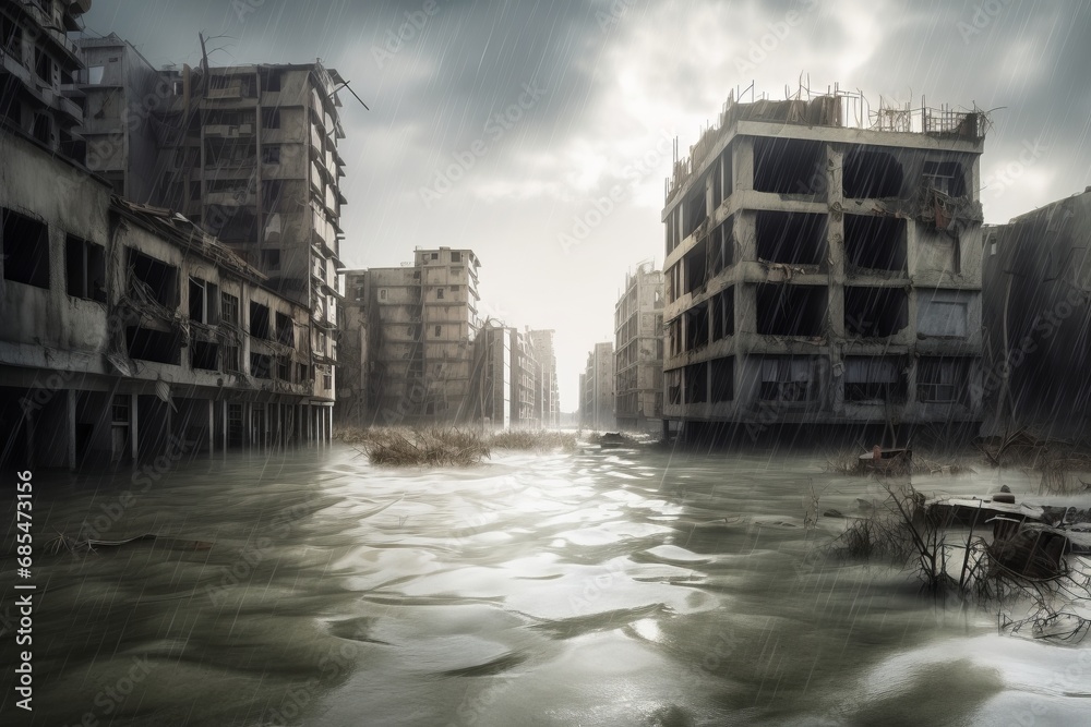 Exploded Town City devastated by a storm and flood, with buildings and roads ...
