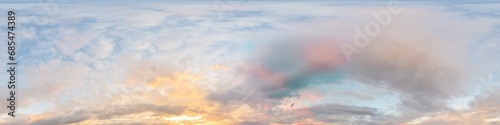 Sunset sky panorama with bright glowing pink Cirrus clouds. HDR 360 seamless spherical panorama. Full zenith or sky dome in 3D  sky replacement for aerial drone panoramas. Climate and weather change.