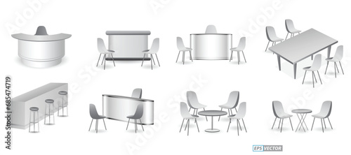 set of realistic trade exhibition chair and table or white blank exhibition kiosk or stand booth corporate commercial. 3D Render