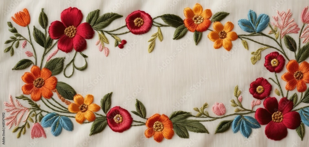  a close up of a piece of cloth with flowers and leaves on a white cloth with a red, orange, yellow, and blue flowered design on it. - obrazy, fototapety, plakaty 