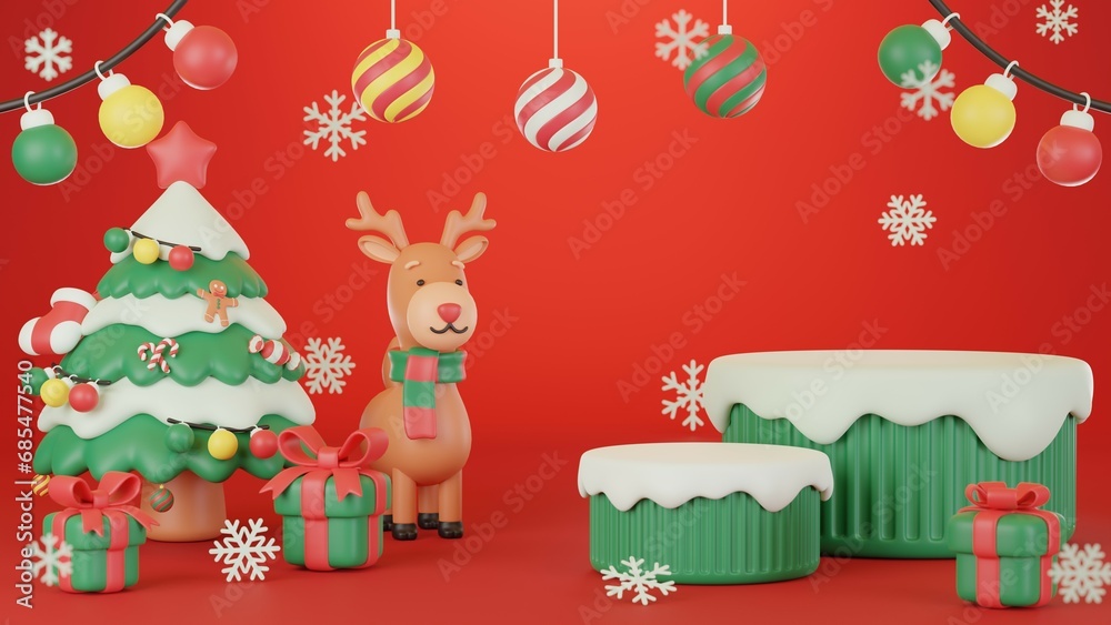 3D illustration, Mary Christmas and Happy New Year decorated with a Christmas tree, a reindeer, colorful gift boxes, and podiums for display products on a red background.