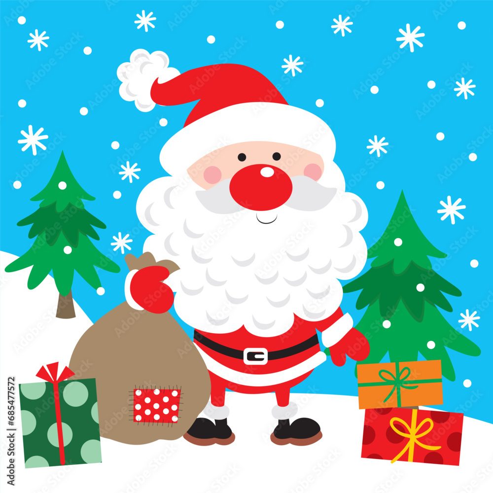 Cute Santa Claus Bring Sack and Christmas Tree background