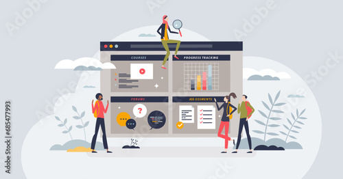 LMS or learning management system for e-learning study tiny person concept. Education training with online knowledge platform to track your progress and get skills assessments vector illustration.