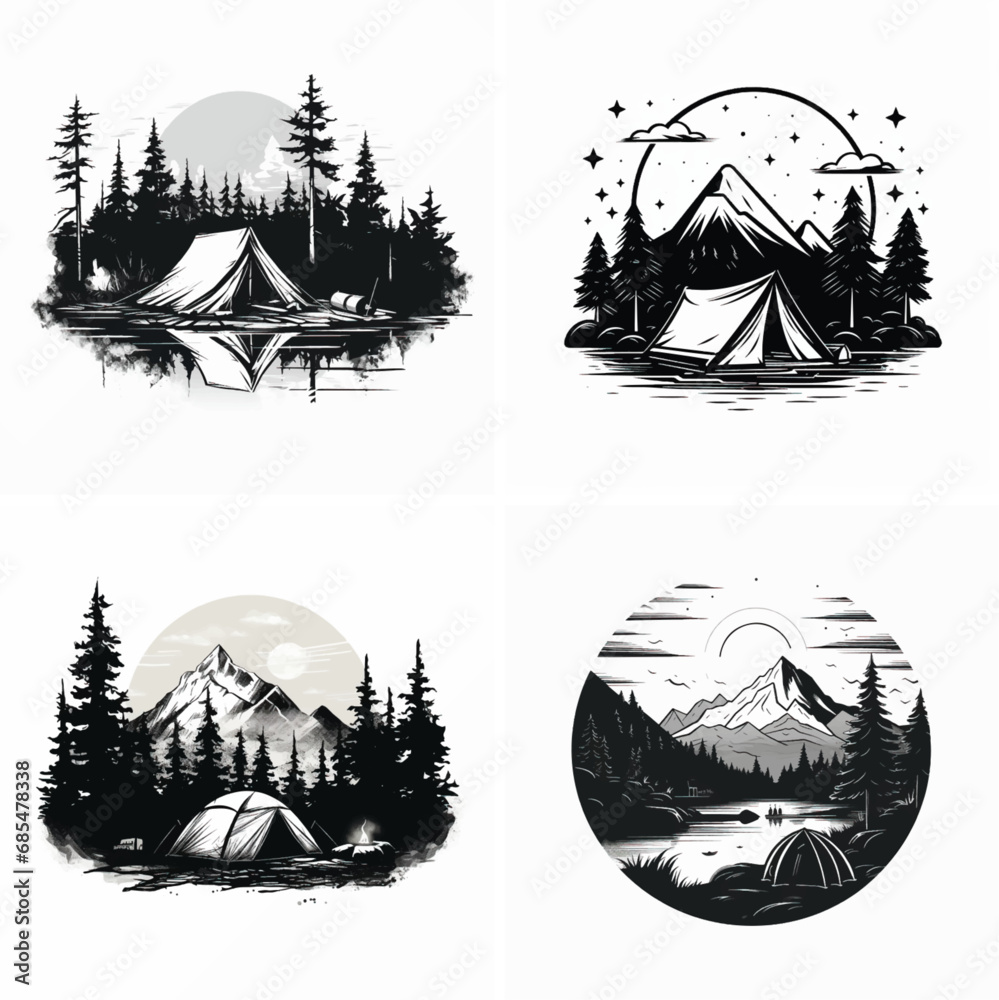 forest camp mountain emblem nature adventure tent badge symbol label recreation vintage logo outdoor - obrazy, fototapety, plakaty 