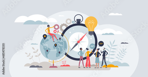 Teamwork and collaboration for effective business growth tiny person concept. Partnership, unity and work colleagues support for global trade improvement and job management vector illustration. photo