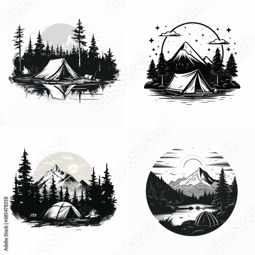 forest camp mountain emblem nature adventure tent badge symbol label recreation vintage logo outdoor