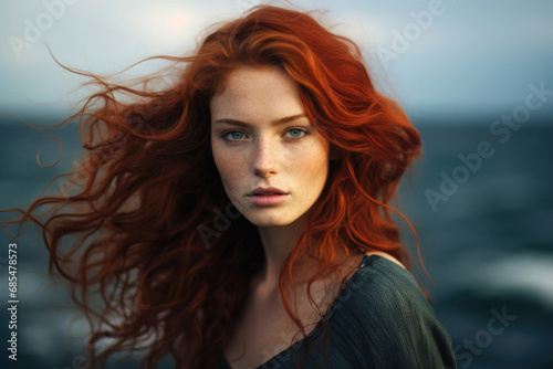 Beautiful red-haired woman in the sea photo