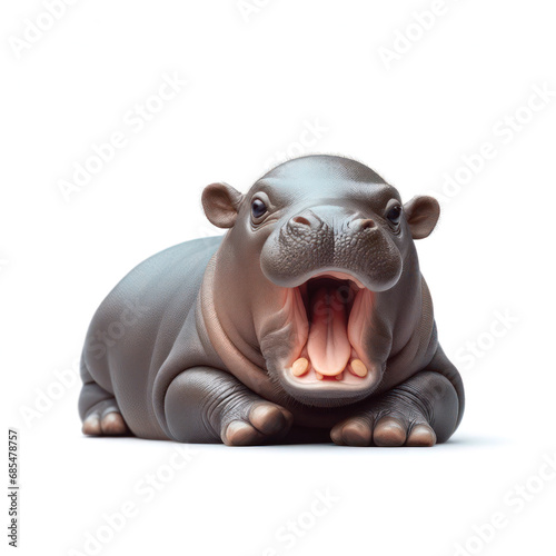 cute and adorable baby hippo yawning on white