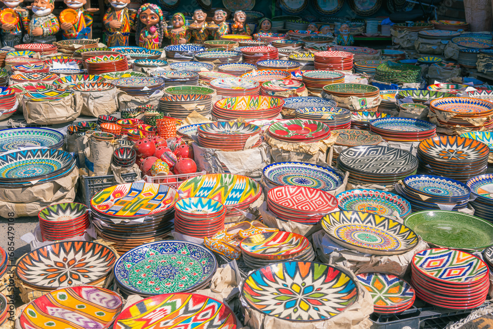 Colorful plates and pots at Chorsu bazaar, Tashkent, Uzbekistan